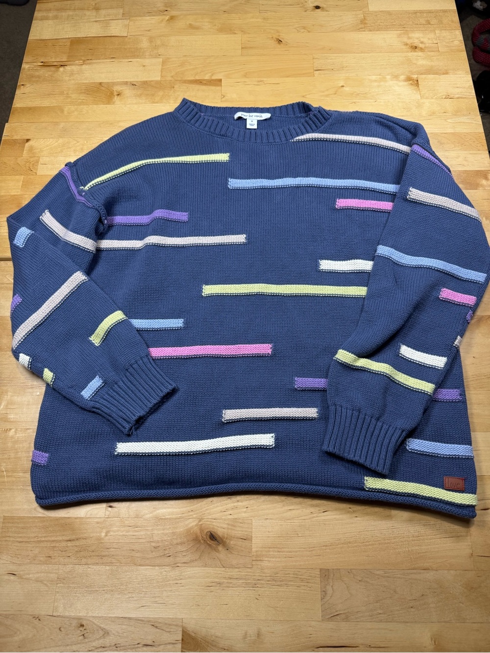 Peace Love World Novelty Stitch Crewneck Sweater Blue with Pastel Stripe Details